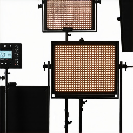 Professional studio lights with adjustable panels and stands