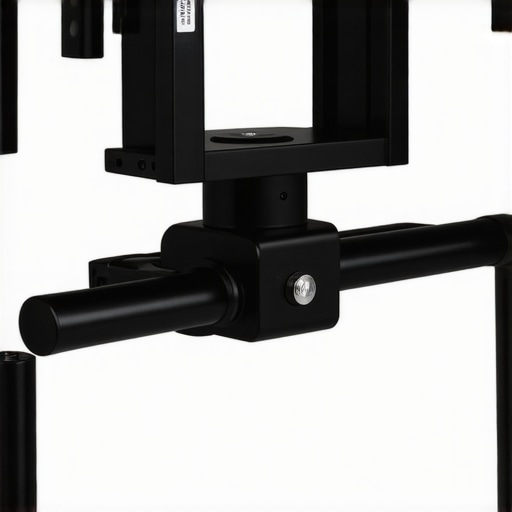 Detail view of durable metal parts and adjustable clamps on a vertical video rig.