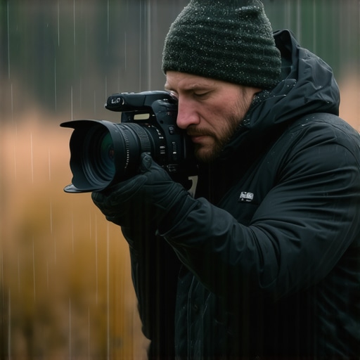 Videographer filming outdoors during rain with protective gear and cameras