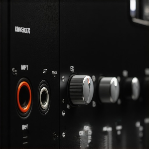 Audio interface with multiple input and output ports, control knobs, and display screen.