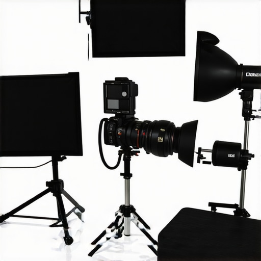 Stylish professional camera with lighting and accessories for content creation