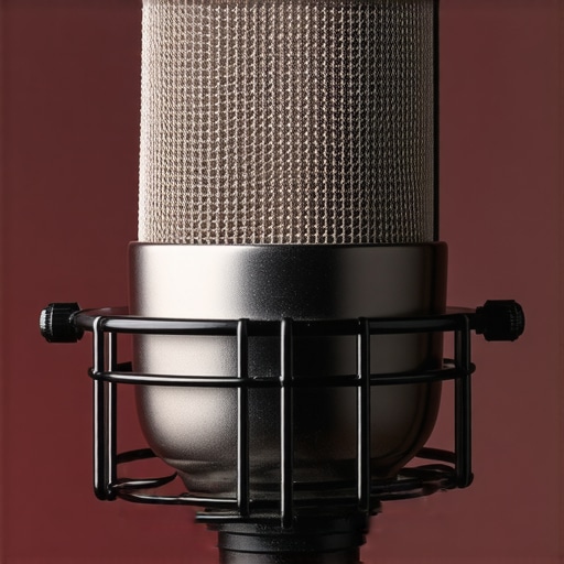 Close-up of a robust studio microphone showing metal body and adjustable stand.