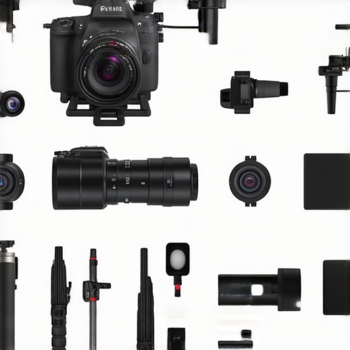 Collage of professional camera, rig, microphone, and lighting kit for video production