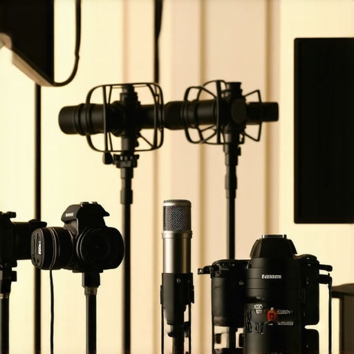  A comprehensive view of microphones, lighting kits, and cameras in a studio environment