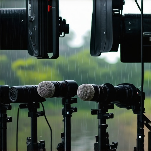 Photo of waterproof microphones, weather-resistant lighting, and rugged cameras outdoors in rain