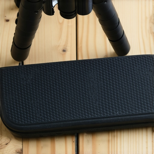 Close-up view of a rubber pad attached to a tripod foot on a wooden surface