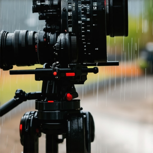 Outdoor creator rig with weatherproof microphones, cameras, and lighting in rain and wind.