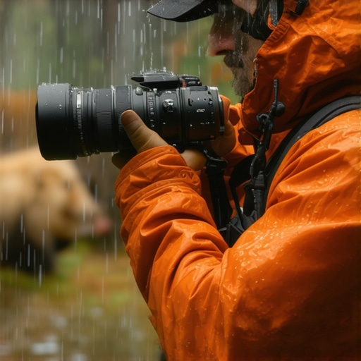 Photographer in rain using weather-sealed camera gear for outdoor wildlife photography.