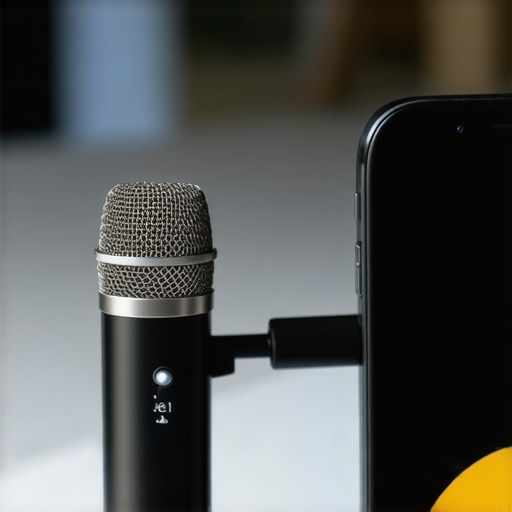 A compact external microphone plugged into a smartphone during recording.