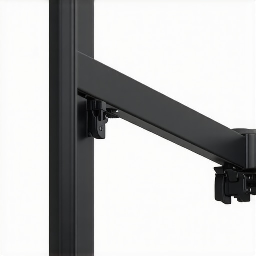 Close-up of a robust steel desk mount with adjustable joints and textured surface.