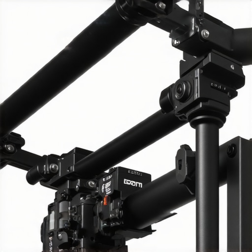 Close-up of steel rail system supporting mirrorless lens on camera setup.