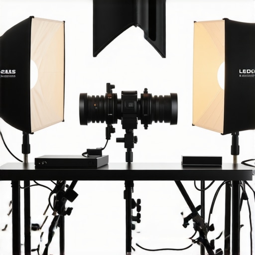 Studio Equipment Comparison Various studio lighting and microphone setups on a table