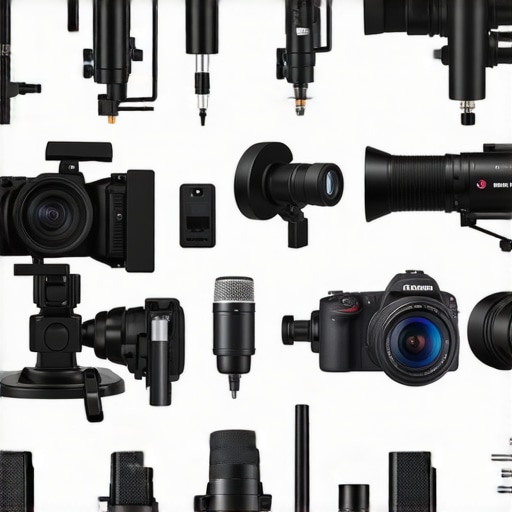 Various professional creator rigs, studio lights, microphones, and cameras arranged on a workspace.