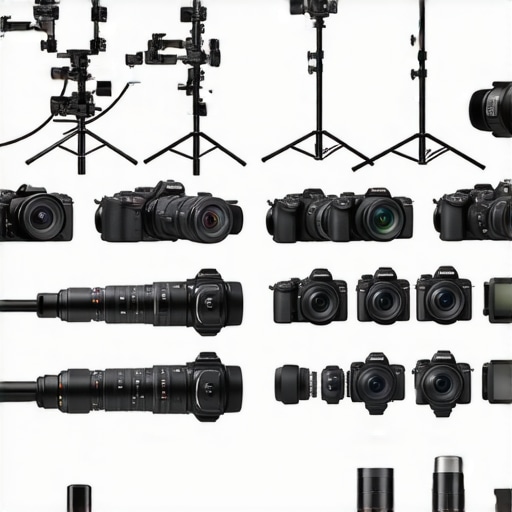 Various studio gear including cameras, lights, microphones, and rigs arranged for comparison.