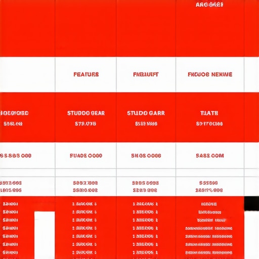 A detailed comparison chart showing features and prices of studio gear from different brands.