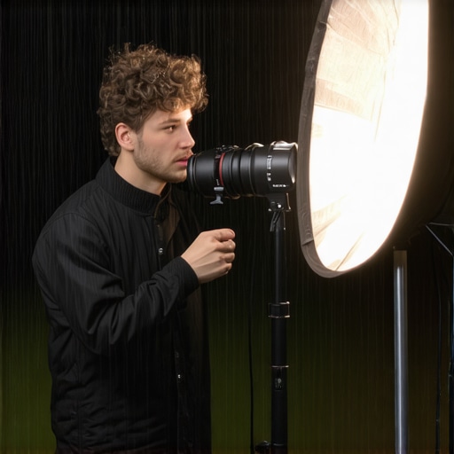 Photographer testing camera, microphone, and lighting equipment outdoors in rainy weather
