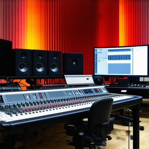 A busy recording studio with microphones, lights, and cameras during a live session