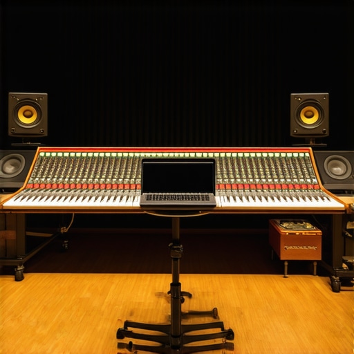 Studio Gear in Action during a Live Recording A professional recording studio with microphones, cameras, and lighting in a high-pressure environment