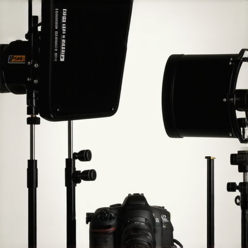 Studio Gear in Challenging Conditions Professional studio lighting, camera, and microphones set up outdoors in adverse weather