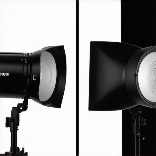 Studio Light Comparison Side-by-side comparison of professional studio lighting kits in a photography studio.