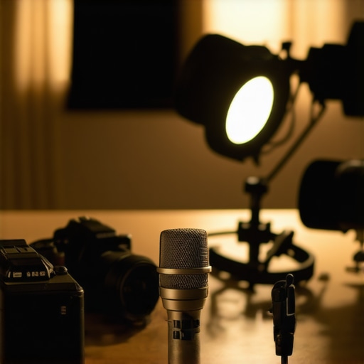 Close-up of high-quality studio microphone and camera equipment with lighting