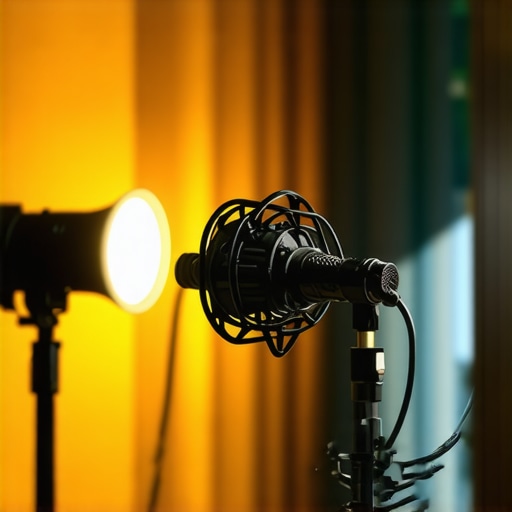 Professional microphone and lighting equipment in a recording studio