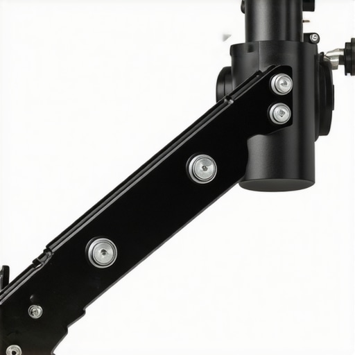 Close-up view of a professional overhead studio arm made of steel and aluminum with adjustable joints