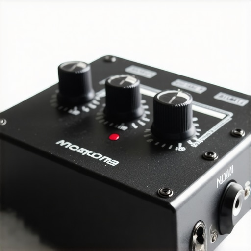 A compact plastic microphone preamp with knobs and XLR ports on a studio desk