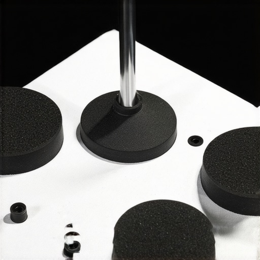 Close-up of a dense metal microphone base with rubber pads on a studio desk.