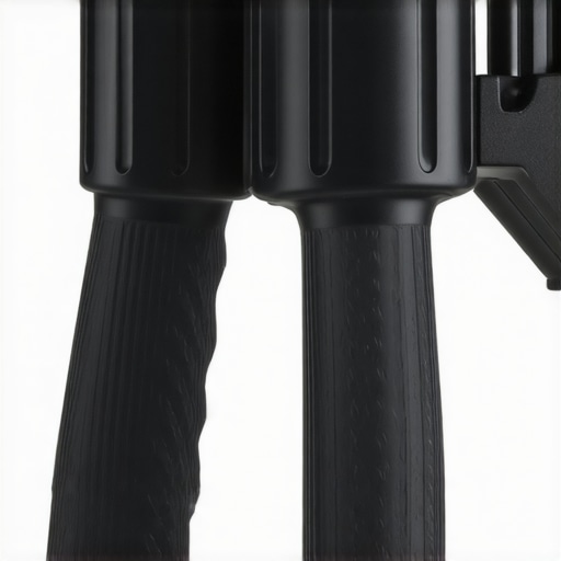 Close-up image showing the screw-in stabilizer being attached to a tripod leg, highlighting the textured grip and threading.