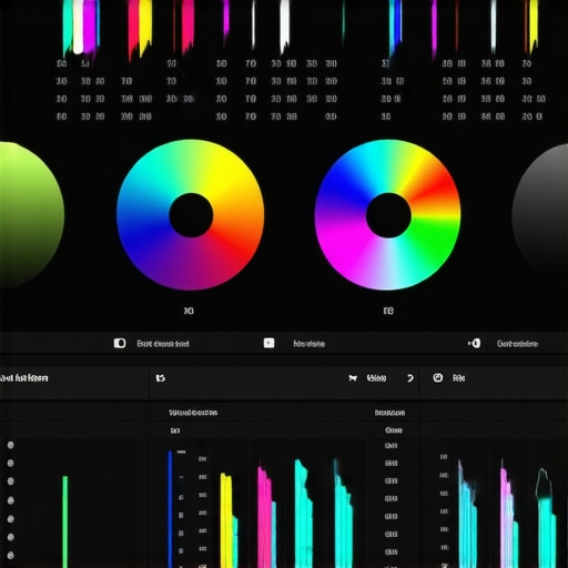 A screenshot illustrating the color correction interface of professional video editing software with color wheels, masks, and curves.