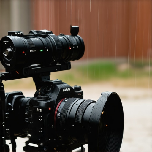 Close-up of a weather-sealed camera setup operating in rainy outdoor environment.