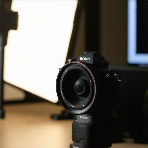 AC Infinity Fan Cooling a Camera Rig Close up of a USB cooling fan positioned behind a mirrorless camera in a studio environment