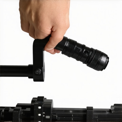 Macro view of a cinema camera NATO handle being adjusted for better balance.