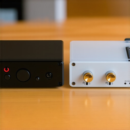 Comparing a metal passive audio switcher to a cheap plastic alternative on a studio desk.