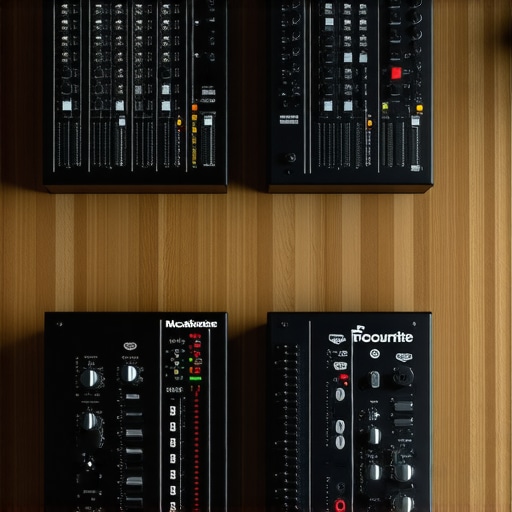 A side-by-side look at a compact analog mixer and a sleek USB audio interface on a creator's desk.