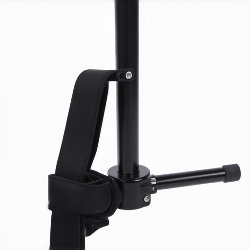 Close up of a black fitness ankle weight secured to the base of a professional light stand.