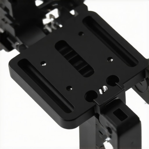 A close-up view of a metal camera balancing plate attached to a rig, highlighting its alignment slot and rubber padding.