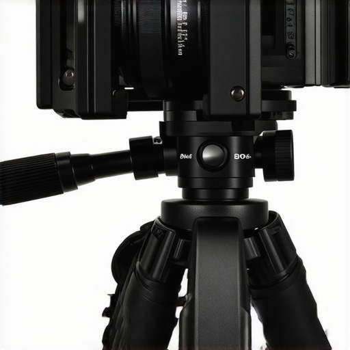 Close-up of a camera rig balanced on a tripod with an anodized aluminum plate