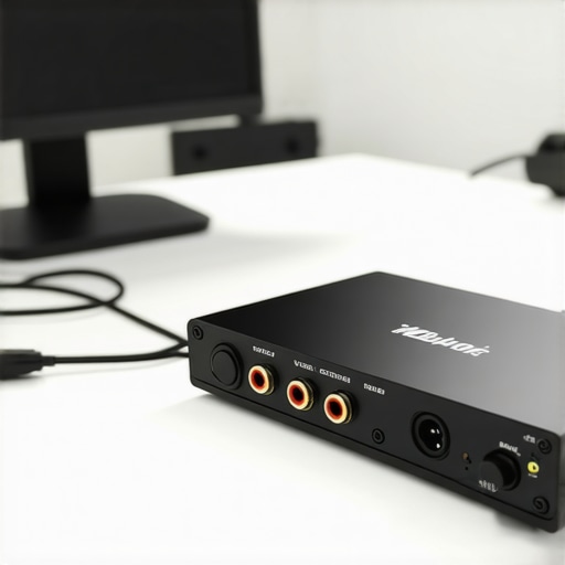 A small metal audio switcher box on a desk being used during a content creation session.