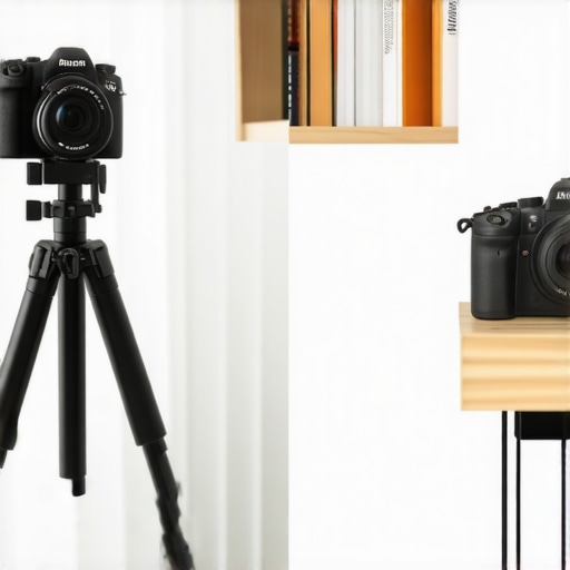 Bookshelf Clamp vs Traditional Tripod Comparison A visual comparison showing how a bookshelf clamp saves floor space compared to a traditional tripod in a creator studio.