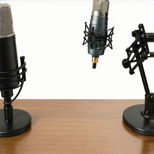 Comparison of a $12 weighted microphone base and a premium Rode desktop stand on a studio desk.