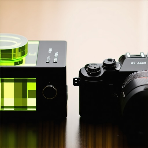 A comparison between a cheap green acrylic hot shoe level and a premium black metal level on a wooden table.