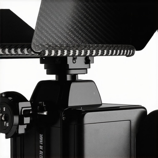 Detailed view of a lightweight matte box clamped onto a camera lens with the top carbon fiber flag open.