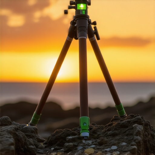 Close-up of a tripod bubble leveler being used on rocky ground at sunset.