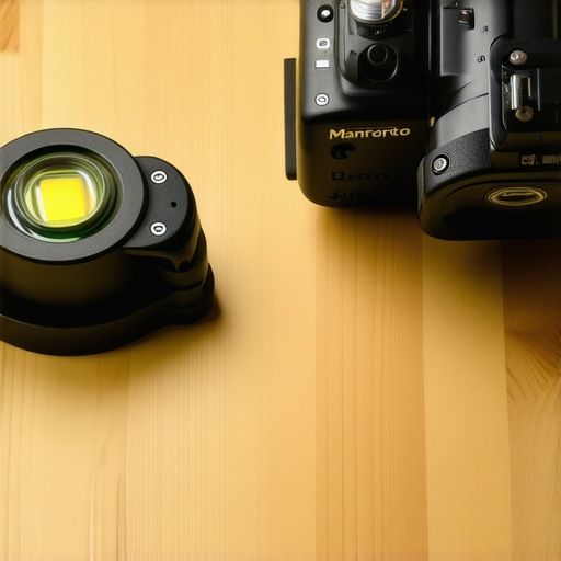 A small circular bubble level next to a complex metal leveling head for tripods.