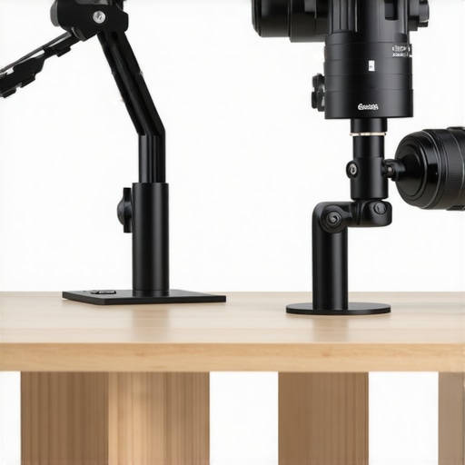 Budget vs Premium Desk Mount Comparison Comparison of a $30 budget boom arm and a premium Elgato camera mount on a desk setup.