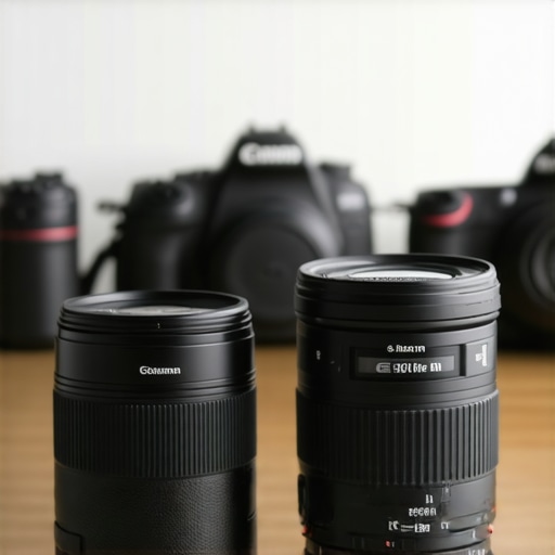 Budget vs Professional Lens Comparison A visual comparison of a compact budget lens next to a large professional camera lens.