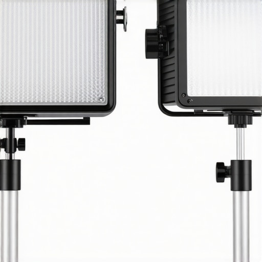 A comparison showing the size and build quality of budget COB LED lights versus professional studio gear.