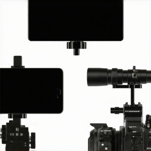 Comparison of a budget smartphone teleprompter and a professional studio teleprompter showing size and material differences.